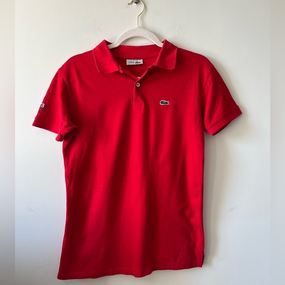 Chemise Lacoste Vintage Golf Red Logo Collared Shirt Made in France Size 16 EU - Picture 1 of 8